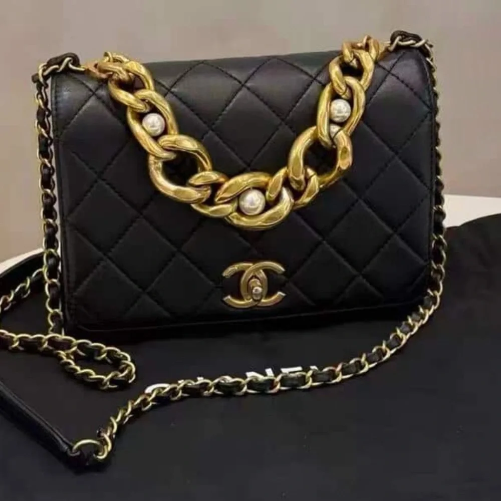 Chanel CC Quilted Lambskin Triple Pearl Chain Flap satchel medium size